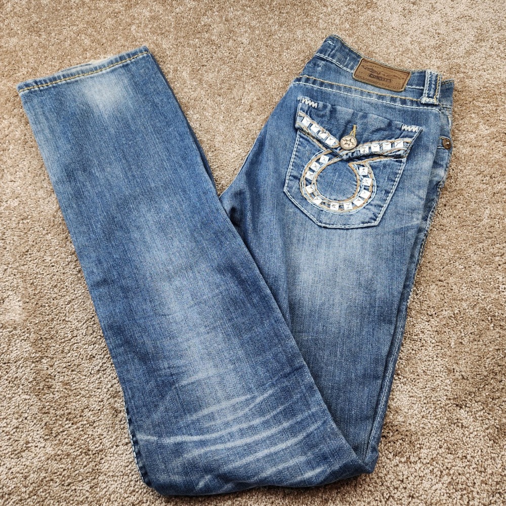 Big Star Nina Straight Leg Jeans 28XL Medium Wash Studded Flap Pocket Low Rise